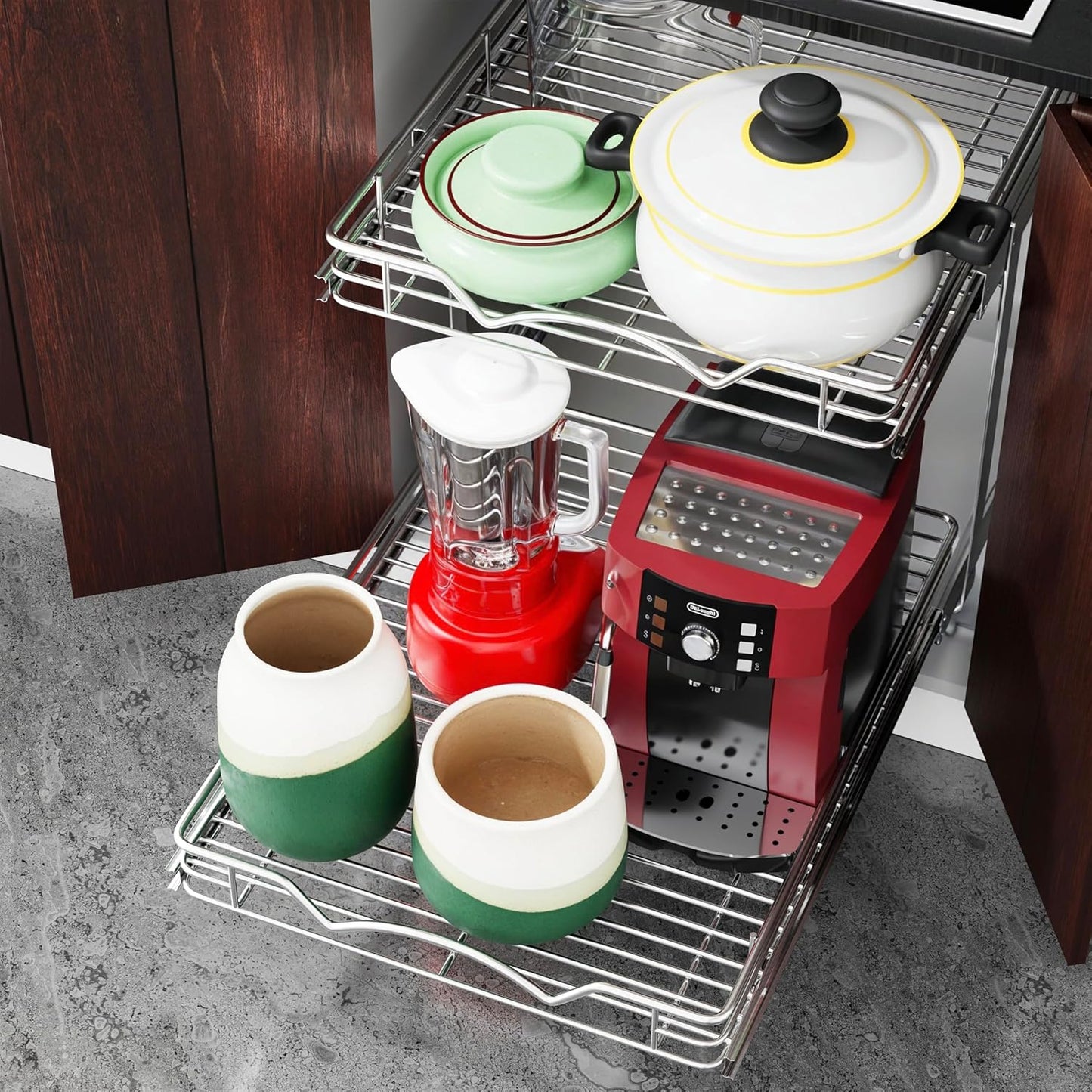 HOLDN’ STORAGE Two Tier Pull Out Cabinet Organizer, Individual Sliding Drawers - Heavy Duty Metal with Lifetime Limited Warranty - Anti Rust Chrome Finish - 28" W x 21”D x 16.5" H