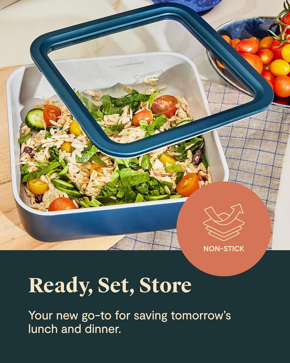 Caraway 6pc Glass Food Storage Set – 10 Cup Food Containers (6) - Ceramic Coated - Non Toxic, Non Stick with Lids - Microwave Safe - Mist