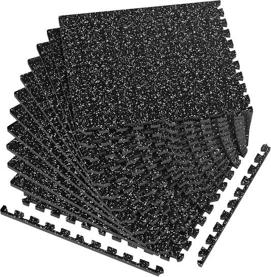 1/2in Thick 48 Sq Ft Rubber Top High Density EVA Foam Exercise Gym Mats Non-Slip 12 Pcs - Interlocking Puzzle Floor Tiles for Home Gym Heavy Workout Equipment Flooring - 24 x 24in Tile, Black & White