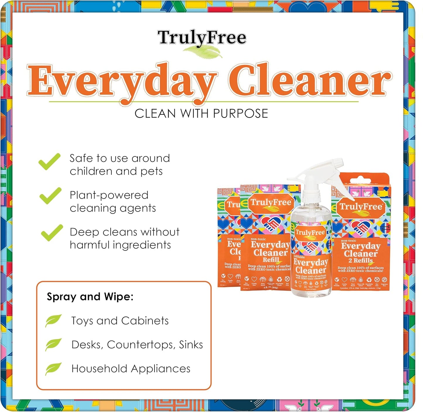 Truly Free Everyday Cleaner - Multipurpose Cleaner Spray, Kitchen Counter Cleaner, Natural Cleaning Products, Multi-Surface Household Solution, 1 Empty Bottle Spray (16oz) & 2 Refills (3oz each)