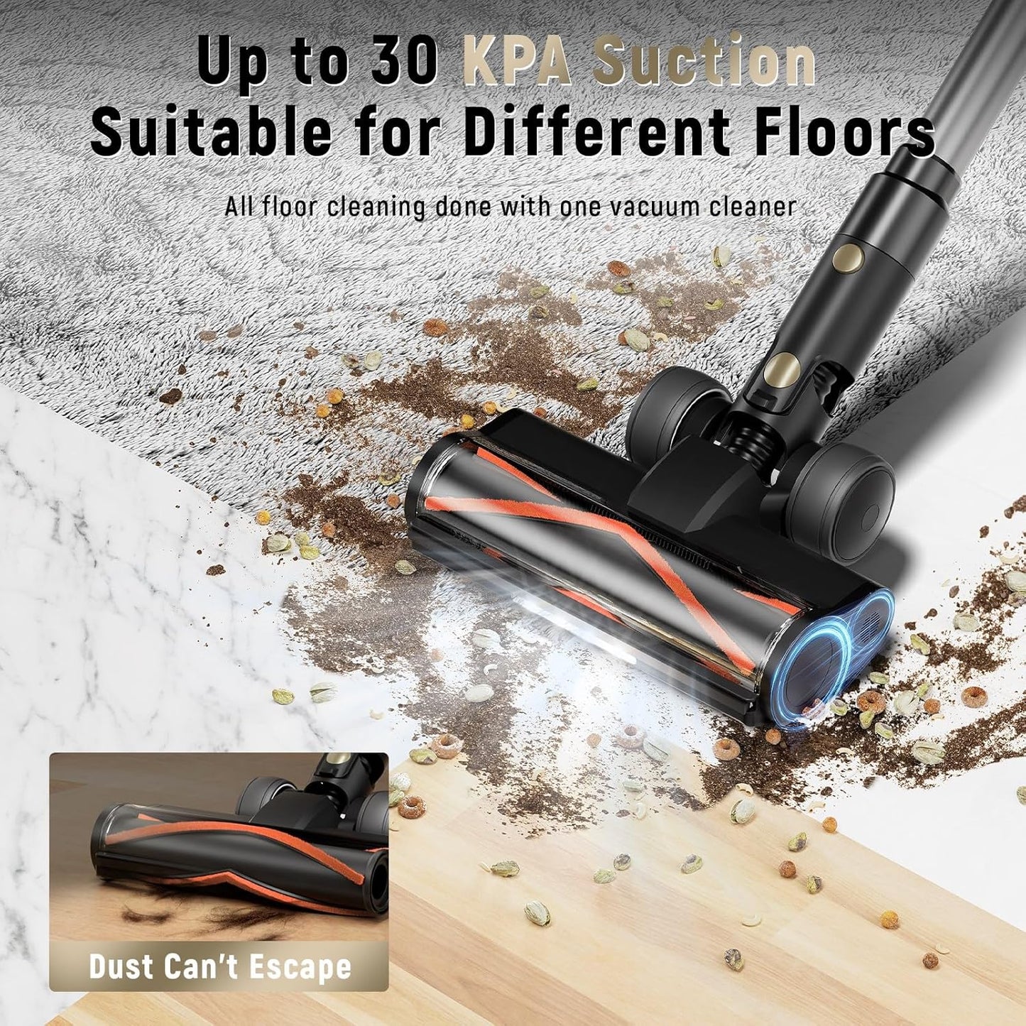 Cordless Vacuum Cleaner, 30Kpa Home Stick Vacuum, Smart Display & 1.5L Dust Cup, 55mins Max Runtime, Rechargeable Lightweight Handheld Vavuum for Pet Hair/Carpet/Hardwood Floor/Car (Golden)