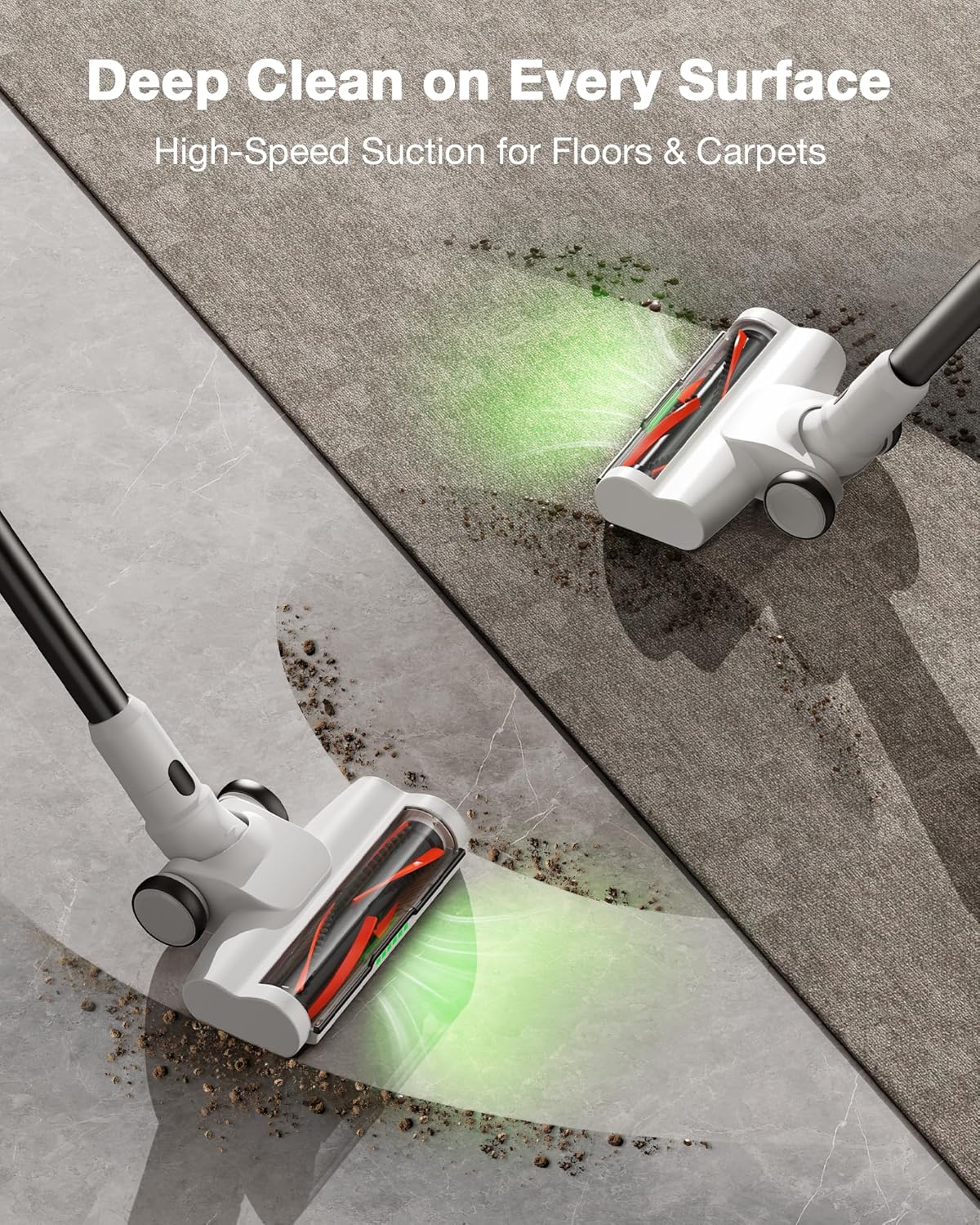 Cordless Stick Vacuum Cleaner for Home, Lightweight Rechargeable Vacuum with 55min Runtime, Powerful Suction, Green LED Headlight, 9-in-1 Pet Hair Carpet & Hardwood Floor Cleaner