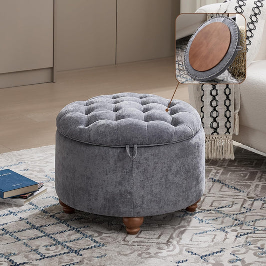 24Inch Round Storage Ottoman with Tray, Modern Tufted Circle Coffee Table with Storage, Upholstered Ottoman with Removable Top for Living Room, Bedroom, Chenille Blue