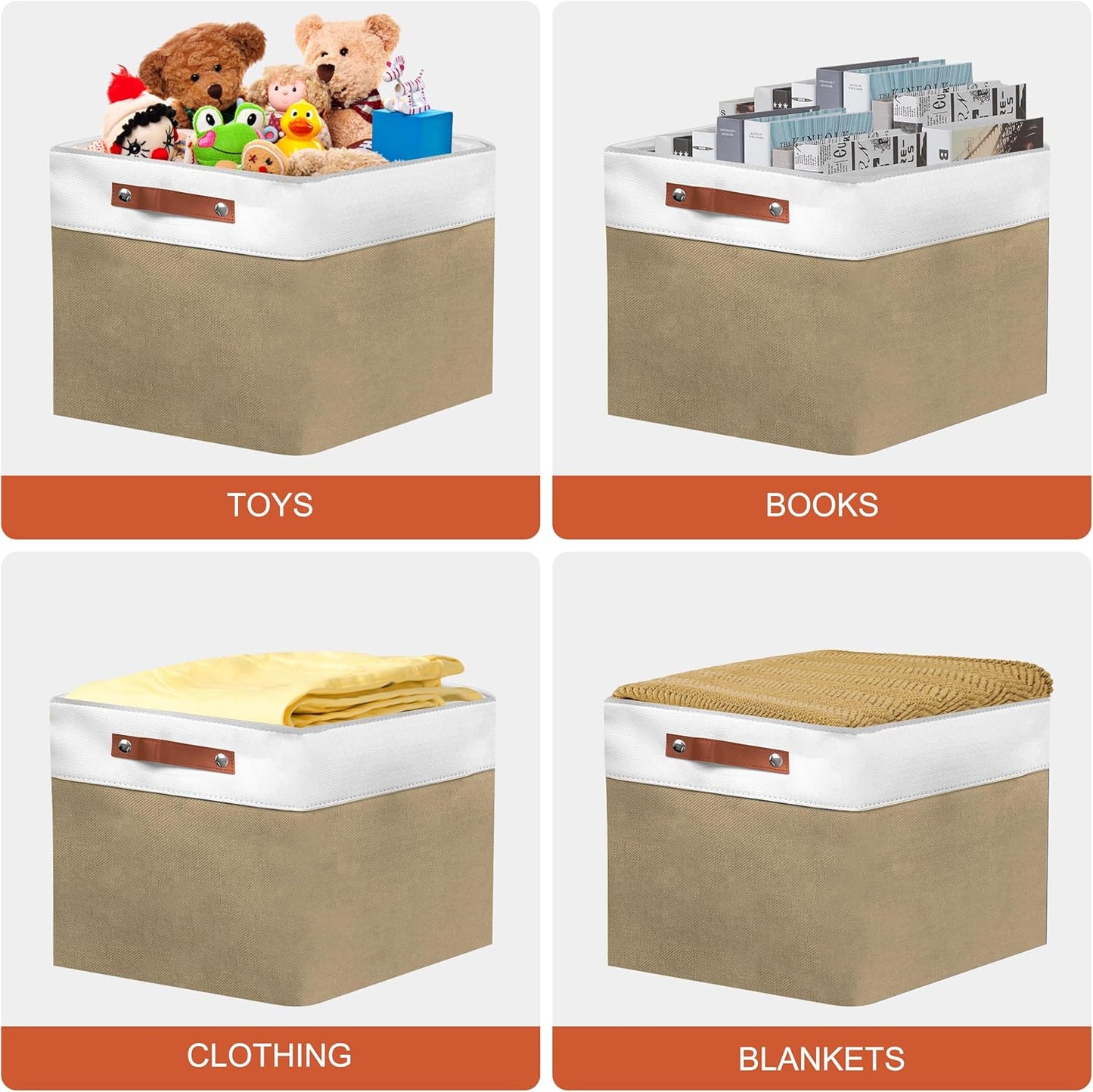 12in Open Fabric Storage Basket with Leather Handles for Organizing, Collapsible Linen Closet Bins for Shelves, Closets, Laundry, Decorative Basket for Gifts. (White＆Khaki, 2PCS/12x12in)