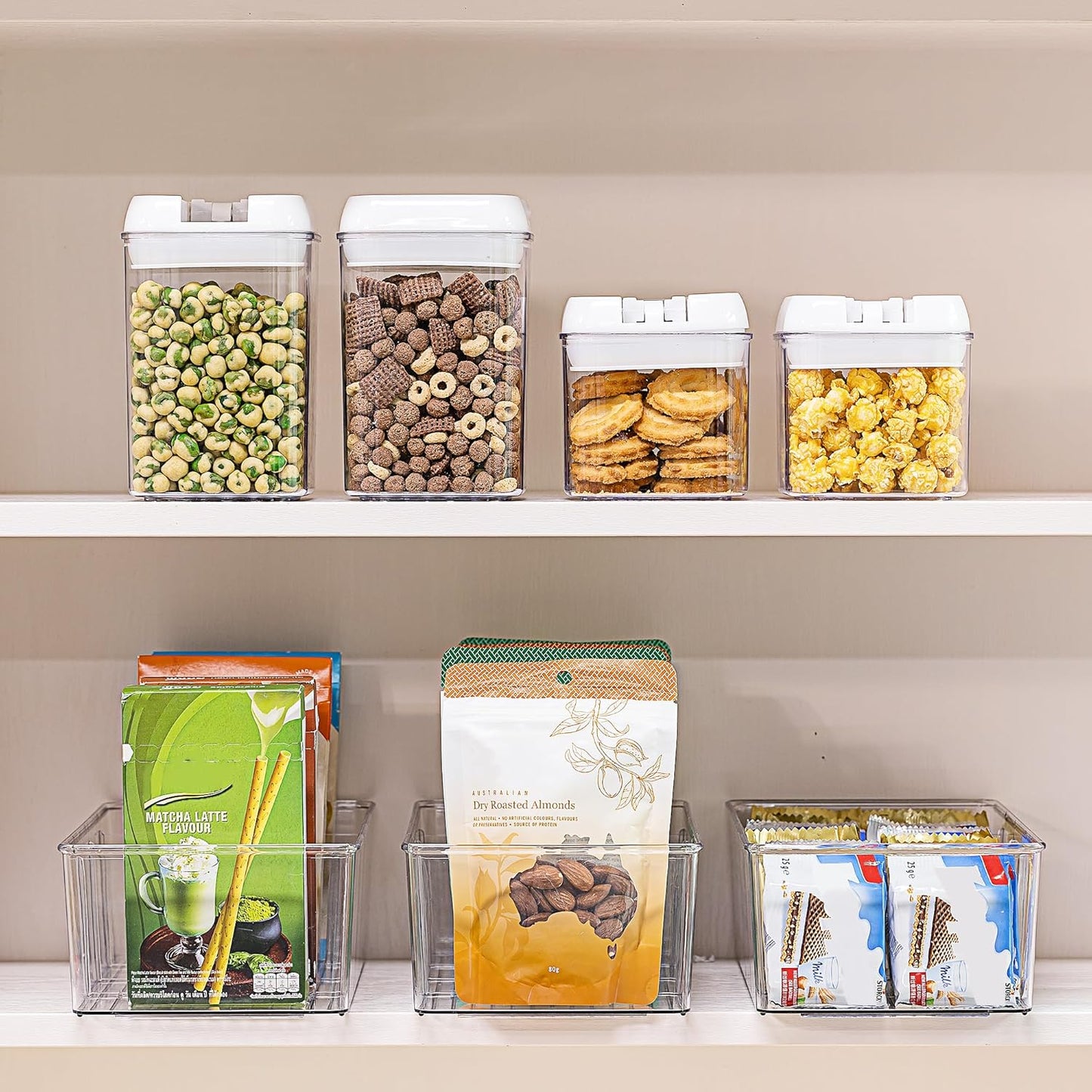 Vtopmart 6 Pack Food Storage Organizer Bins, Clear Plastic Bins for Pantry, Kitchen, Fridge, Cabinet Organization and Storage, 4 Compartment Holder Packets, Snacks, Pouches, Spice Packets