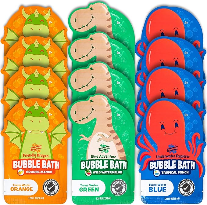 Tub Works® Magical Kids Bubble Bath, Variety 12 Pack | Creates Colorful Water & Tons of Bath Bubbles | Nontoxic | Character-Themed Bubble Bath for Kids | Green, Blue & Orange Bath Colors