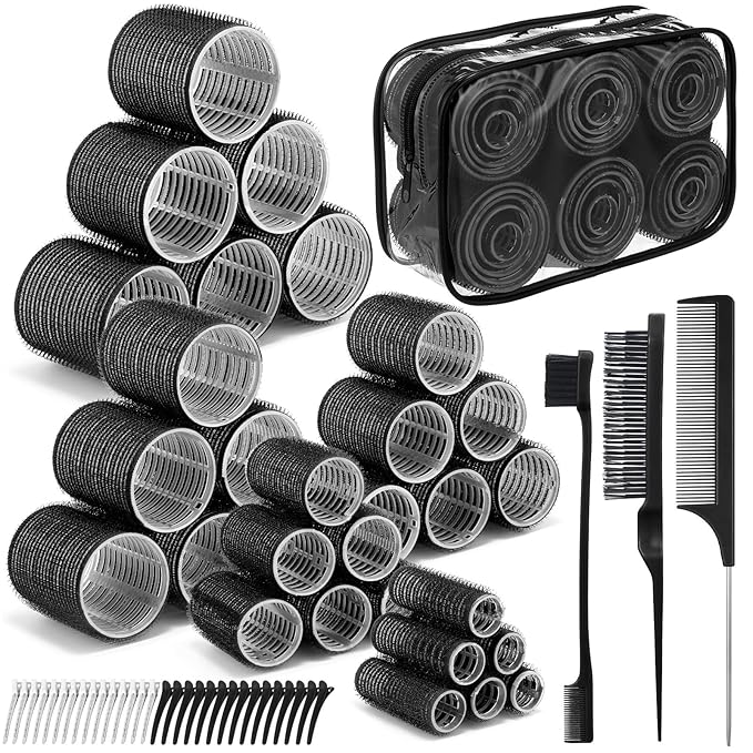 64 Pcs Self Grip Hair Rollers Set, 5 Sizes Rollers Hair Curlers with Clips Comb for Long Short Hair (60 48 40 32 20mm), Black