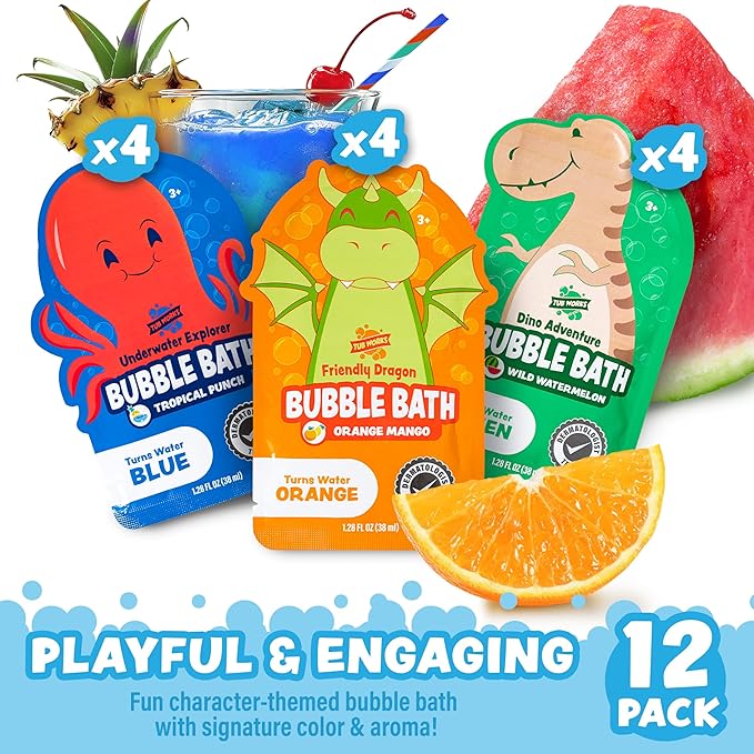 Tub Works® Magical Kids Bubble Bath, Variety 12 Pack | Creates Colorful Water & Tons of Bath Bubbles | Nontoxic | Character-Themed Bubble Bath for Kids | Green, Blue & Orange Bath Colors
