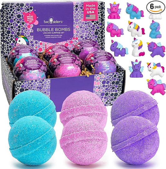 Unicorn Bath Bombs for Girls with Surprise Toys Inside (6 Pack) - Large Bubble Bomb for Kids, Gentle and Safe, Made in USA, Fizzies, Fruity Scents, Won't Stain Tub - Ideal Gift by Two Sisters