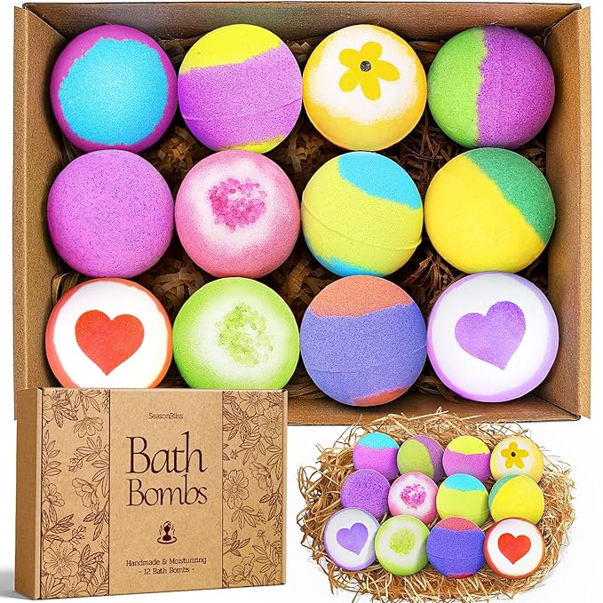 Bath Bombs for Women, 12 Pack Handmade Bubble Shower Bombs Set, Shea Butter & Individually Wrapped, Present Idea for Her/Him, Wife, Mom Women