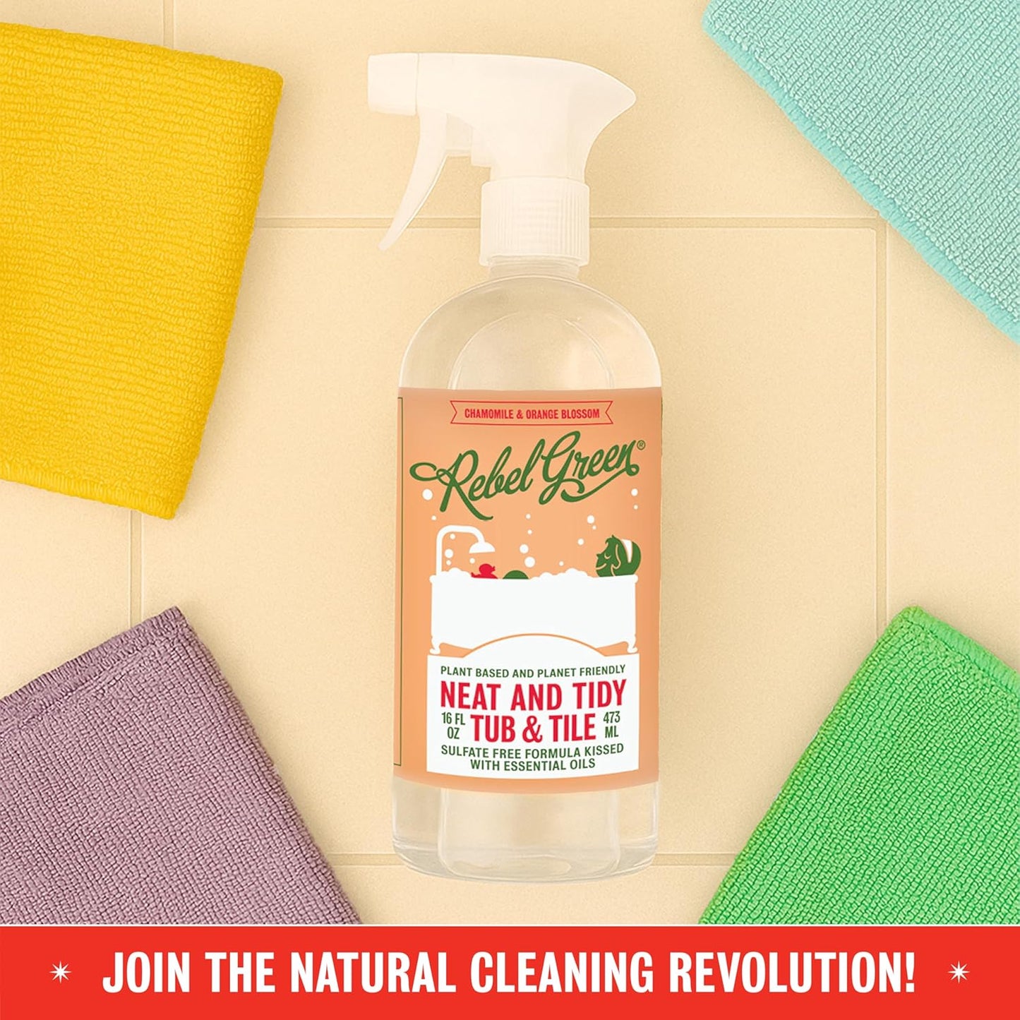 Rebel Green Neat and Tidy Tub & Tile Bathroom Cleaner Spray - Chamomile Orange Blossom Scent - Plant-Based Formula for Showers, Sinks, Tubs, Toilets, and Tile - 24 fl oz - 2 Pack