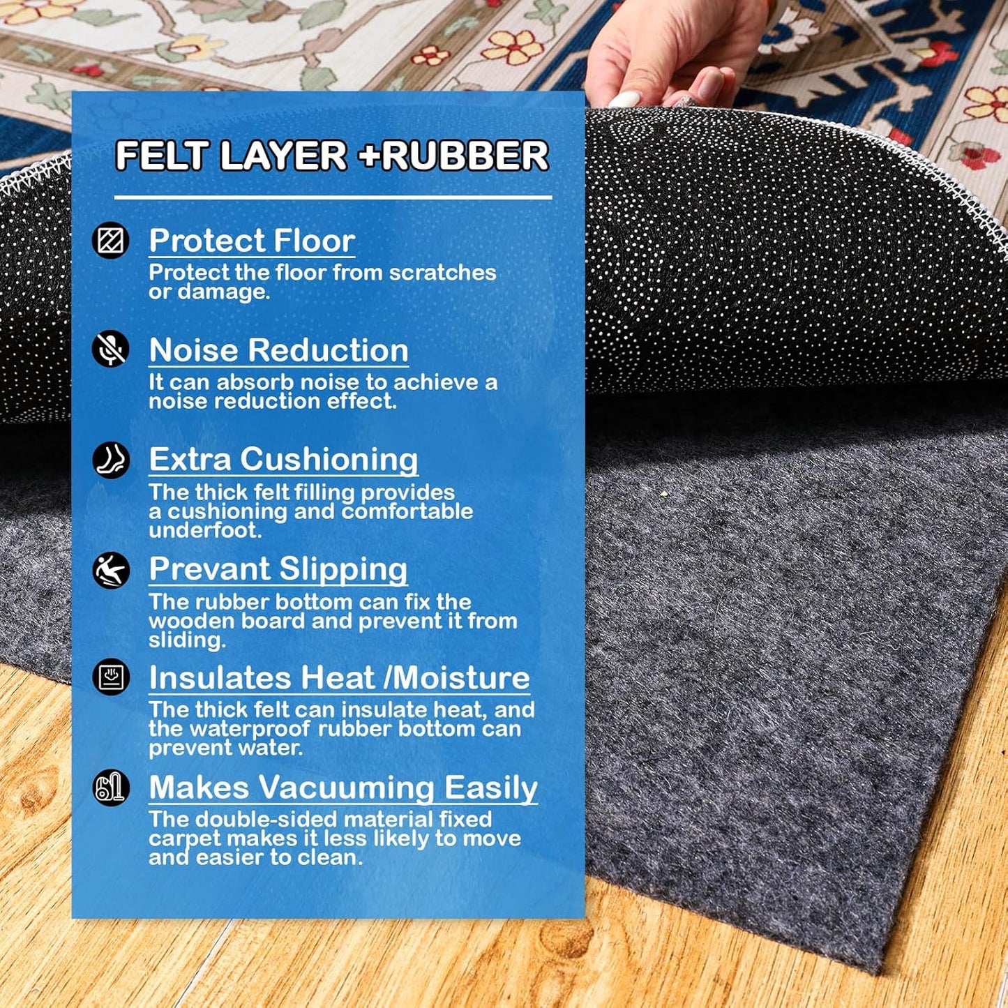 Non-Slip Rug Pads 9 x 12 ft, 100% Waterproof Extra Large Area Rugs Non Skid Rug Pad for All Floors and Finishes Durable Hardwood Floor Protective Felt Keeps Rugs in Place, Safe and Secure