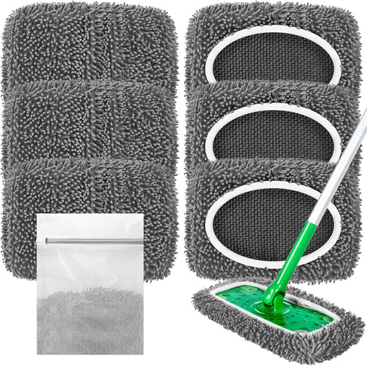 Reusable Microfiber Mop Pads Compatible with Sweeper Mop, Replacement Wet Mopping pad Refills & Washable Dry Sweeping Cloths for Use on All Sealed Floors - Stone, Hardwood, Laminate & Tile (6 Grey)