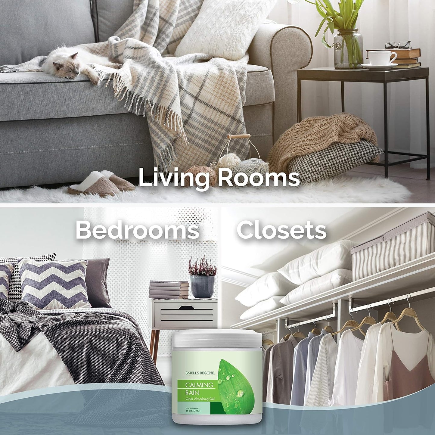 SMELLS BEGONE Air Freshener Odor Absorber Gel - Absorbs Odor from Bathrooms, Cars, Pet Areas, Boats & RVs - Made with Essential Oils - Calming Rain Scent