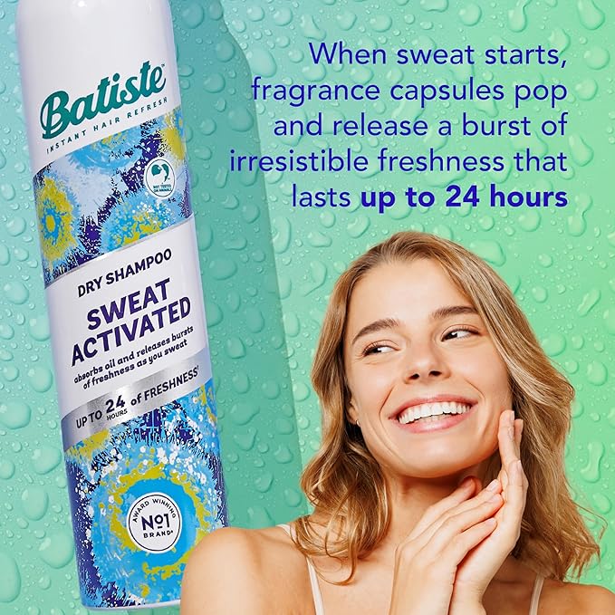 Batiste Sweat Activated Dry Shampoo, Neutralizes Odor for Up to 24 Hours & Prevents Sweat Buildup in Hair, Waterless Shampoo, 3.81 Oz