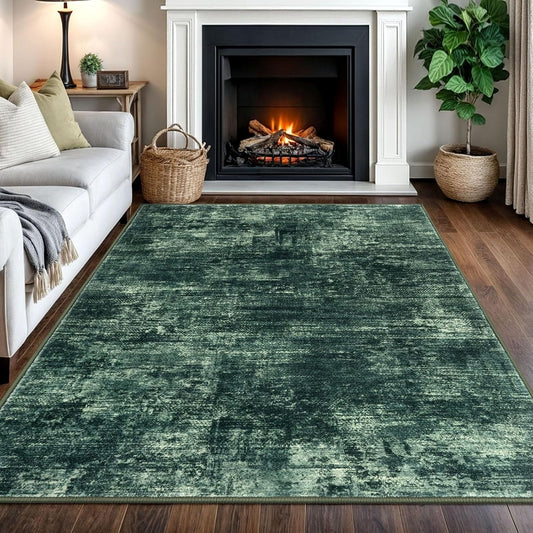IOHOUZE Abstract Area Rugs 5x7 Ft Washable Rugs for Living Room, Non Slip Dining Room Rug, Printed Faux Wool Rugs for Bedroom, Floor Carpet for Kitchen Nursery Playroom, Dark Green