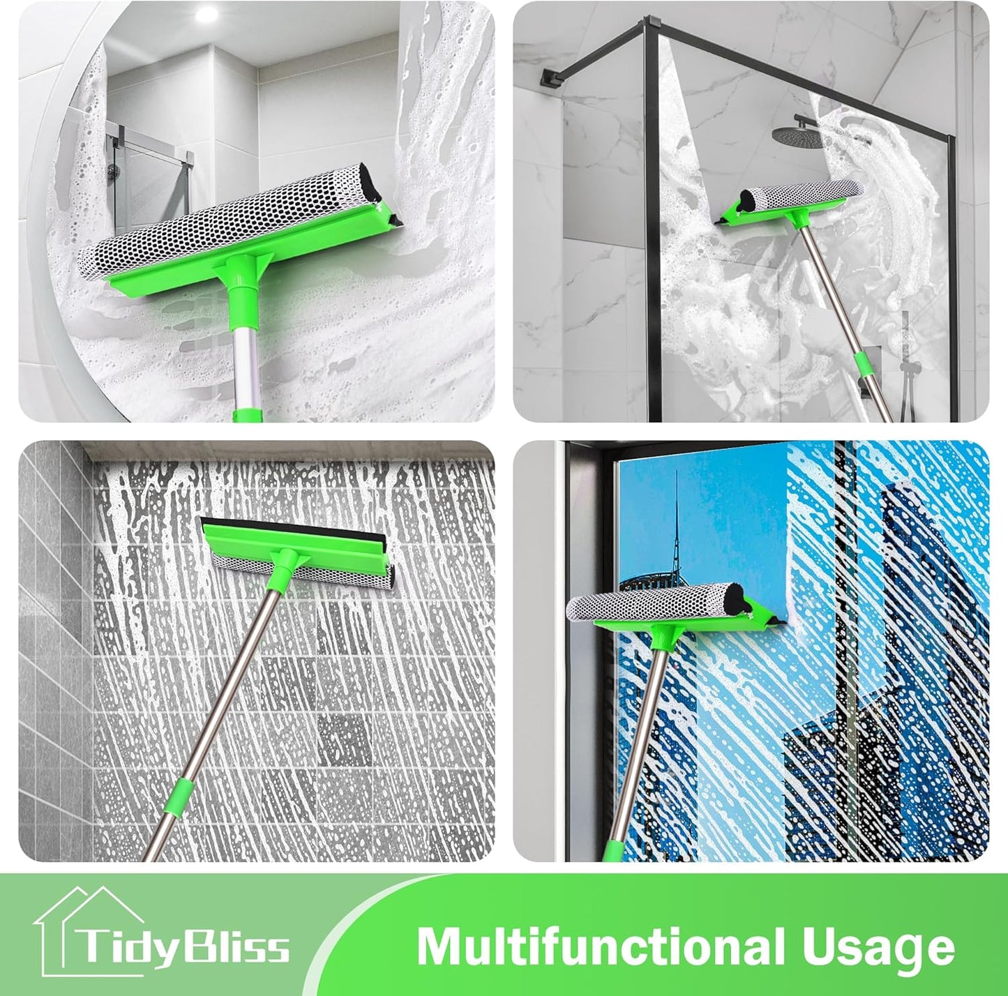 Window Squeegee Professional, 56” Car Windshield Glass Cleaner Tool with Extension Pole, Long Handle Household 10 inches Washer Sponge Scrubber Kit for Cleaning Home Mirror Outdoor (Green)