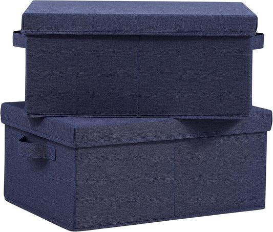 HOONEX Foldable Storage Bins with Lids, Pack of 2, Storage Boxes with 2 Carrying Handles and Heavy Cardboard, 16.5" L x 11.8" W x 7.5" H for Shoes, Clothes, Blue