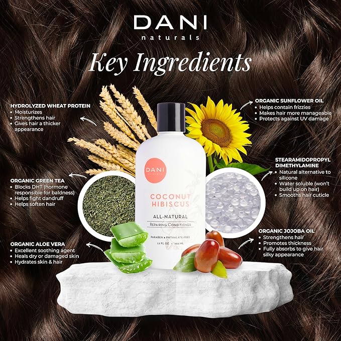 DANI Naturals Conditioner – Coconut Hibiscus, Strengthening & Hydrating for Dry or Damaged Hair, Lightweight & Nourishing, Vegan & Color-Safe, 12 oz