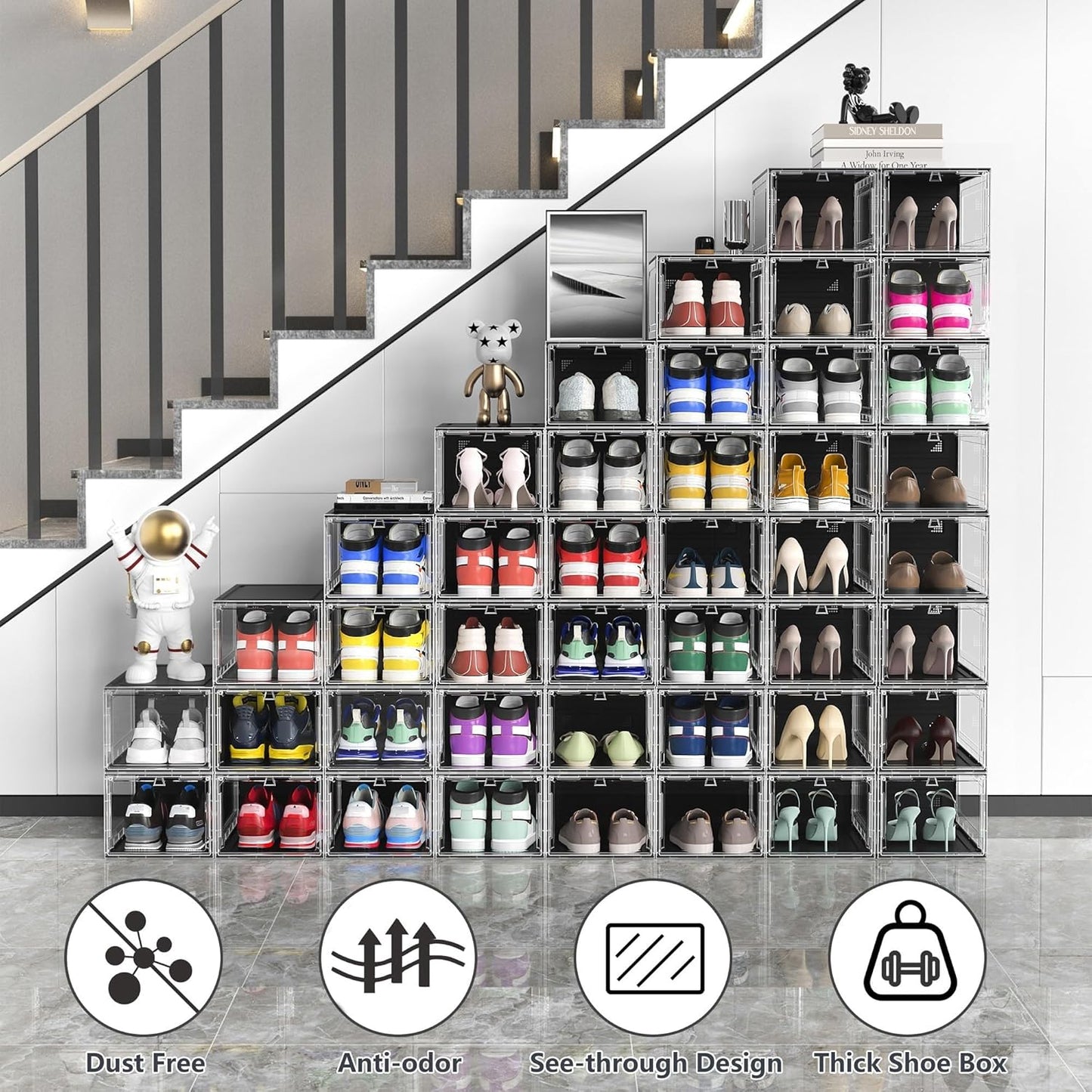 10 Pack Hard Sturdy Thickened Rigid XX Large Shoe Storage Organizer for Closet, Clear Stackable Sneaker Shoe Boxes Rack Containers Display Case Bins with Lids, Black Clear02