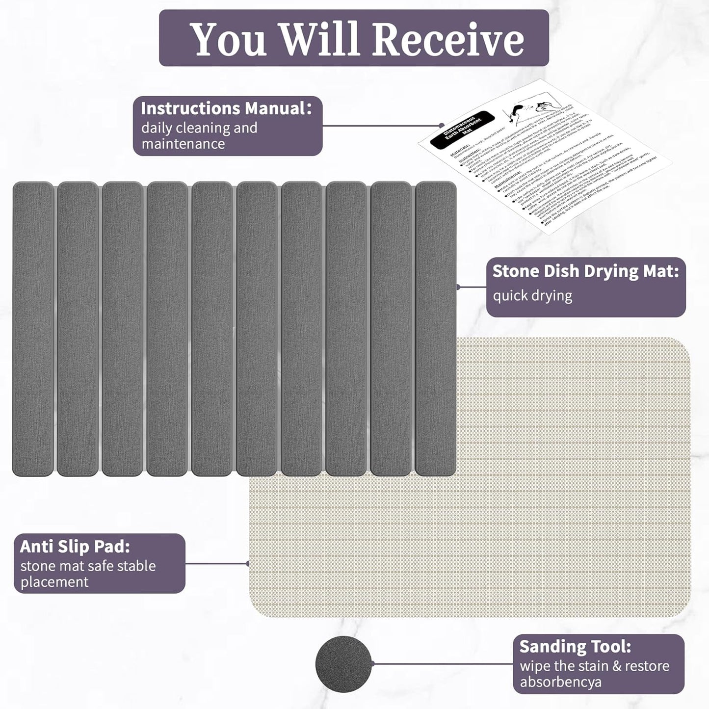 Large Stone Dish Drying Mats for Kitchen Counter – Foldable Quick Dry Stone Mat with Non-Slip Pad & Sandpaper, Super Absorbent Diatomaceous Earth Mat for Dishes and Cups(Dark Gray 23.5"x15.5")