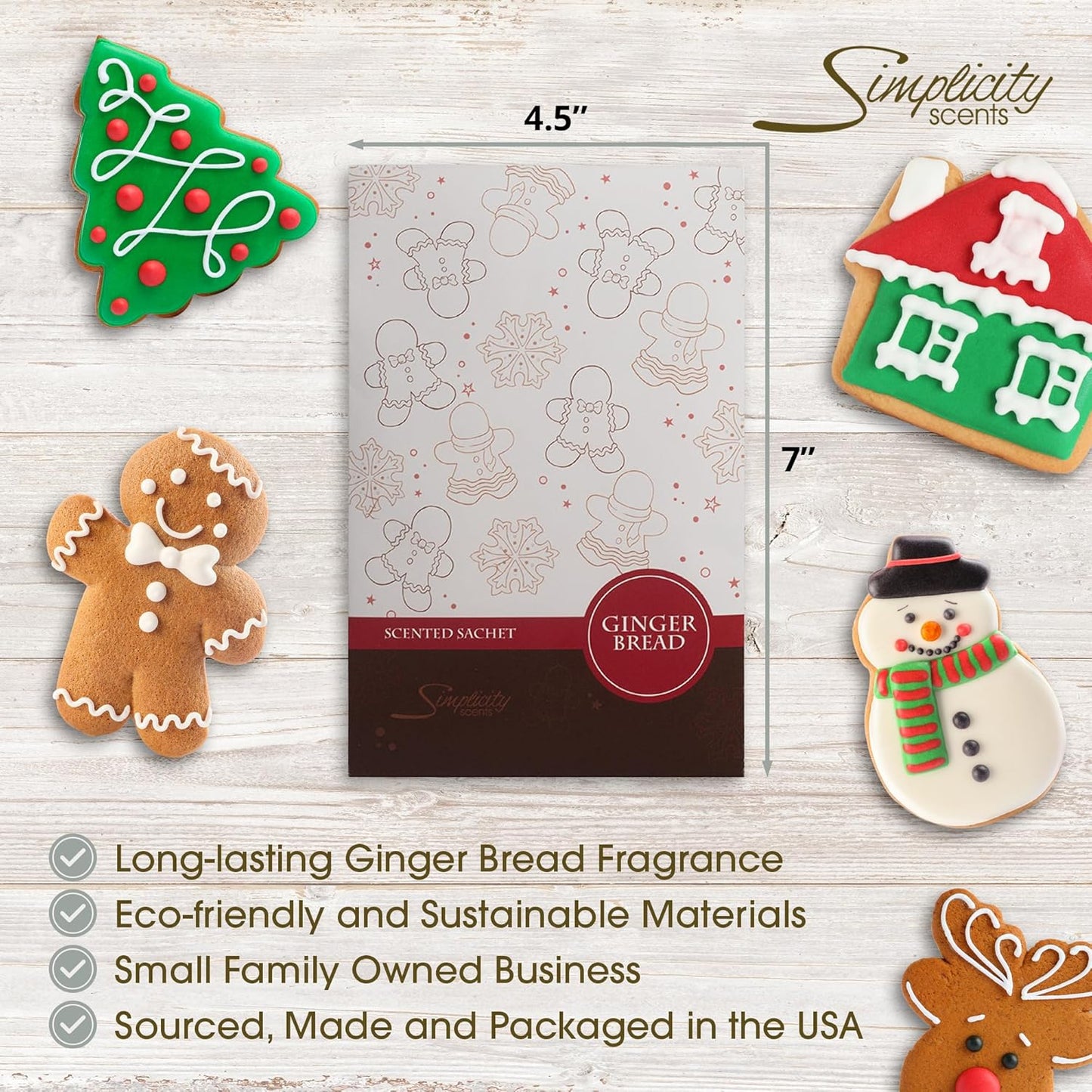 Simplicity Scents Gingerbread Scented Sachets Pack of 6, Fall & Winter - Long-Lasting Scented Bags, Home Fragrance, Air Freshener & Deodorizer for Closet, Room, Drawer, or Cars, Made in USA