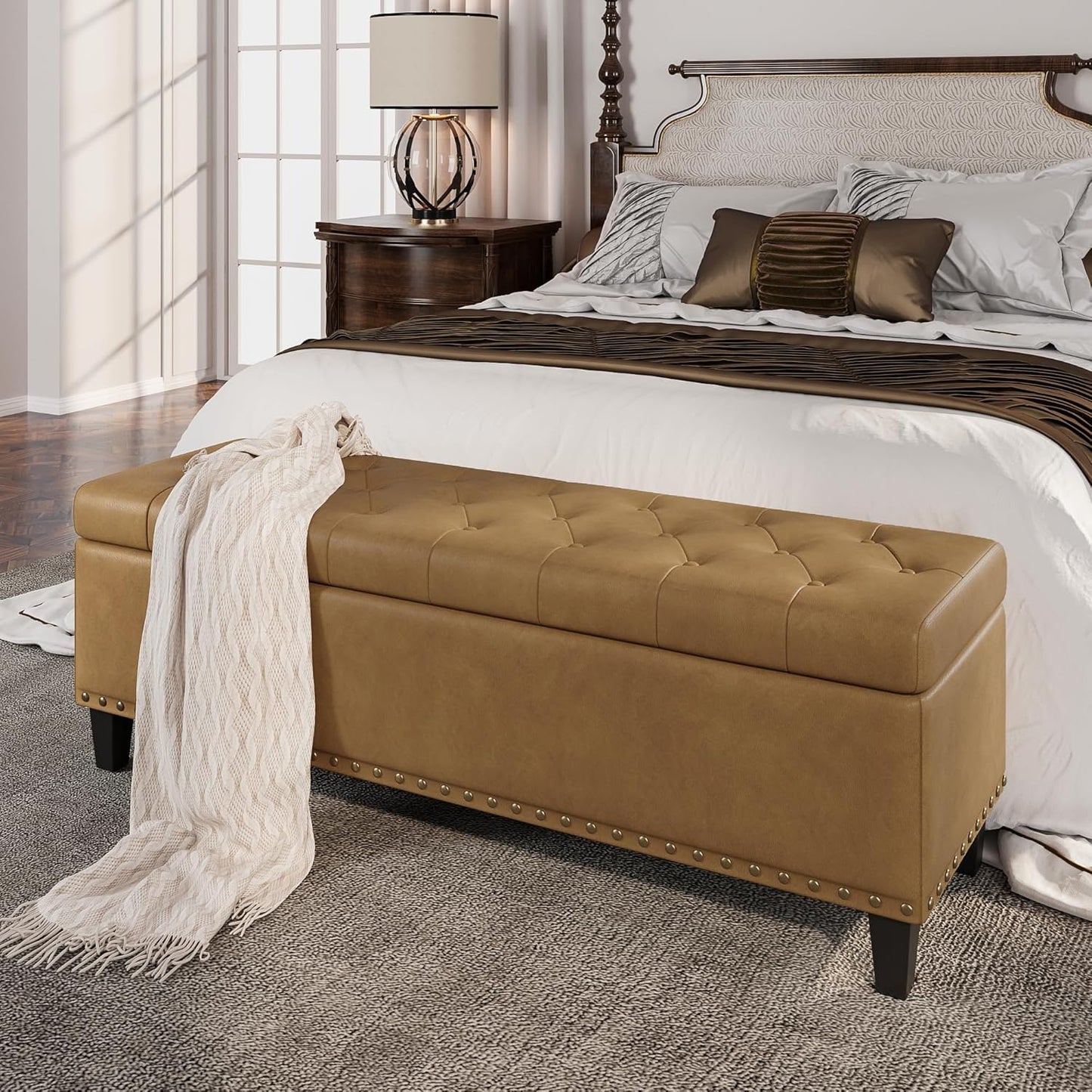 Storage Ottoman Bench, 51-Inch Large Storage Bench for Bedroom End of Bed, 30 Gallons Faux Leather Ottoman for Bedroom, Living Room, Entryway, Hallway, Camel