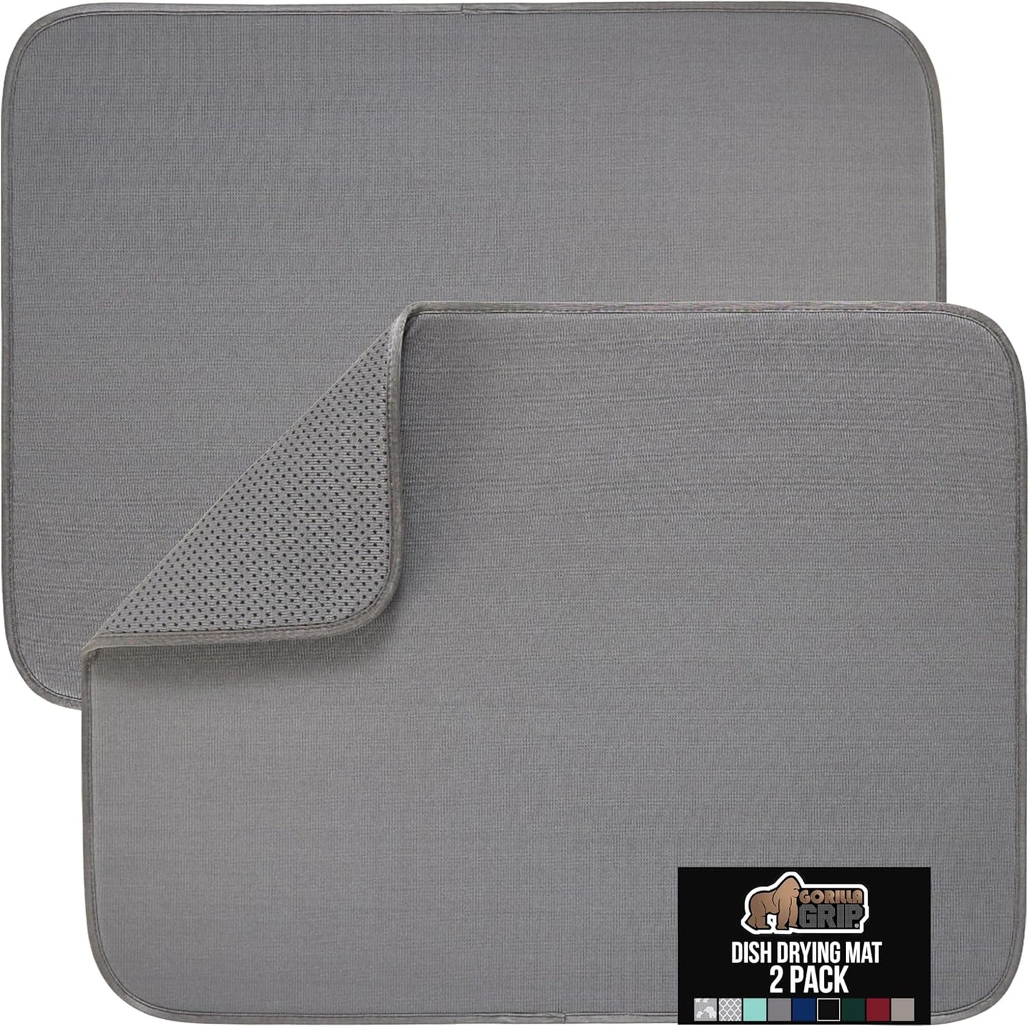 GORILLA GRIP Ultra Water Absorbent Microfiber Dish Drying Mat, 18x24, Quick Dry Thick Mesh, Slip Resistant Pad for Sink Dishes or Under Rack, Kitchen Counter Accessories, Machine Wash, 2 Pack Gray