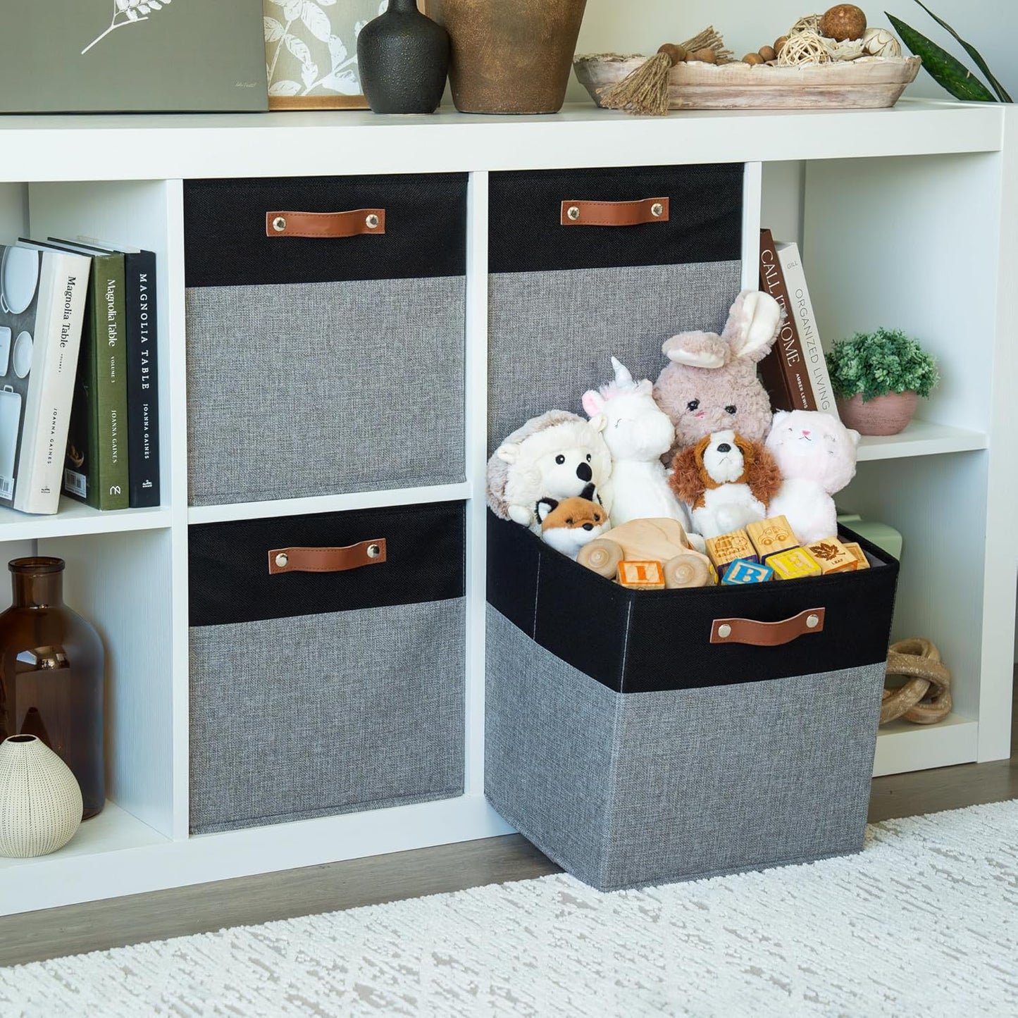 OrganiHaus 13x13 Cube Fabric Storage Bins Set of 4, Fabric Storage Cubes w/ Vegan Handles, 13 inch Collapsible Bins for Clothes & Toy Organizer, Cubbies Organizer, 13x13 Basket for Decor - Grey/Black