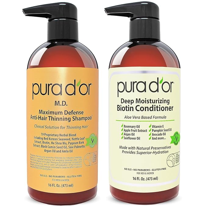 PURA D'OR MD Anti-Thinning Biotin Shampoo & Conditioner Set (16oz x2) Maximum Defense Coal-Tar Strong Scented Hebal Blend Hair Thickening Products For Women & Men, Daily Shampoo For Scalp Health