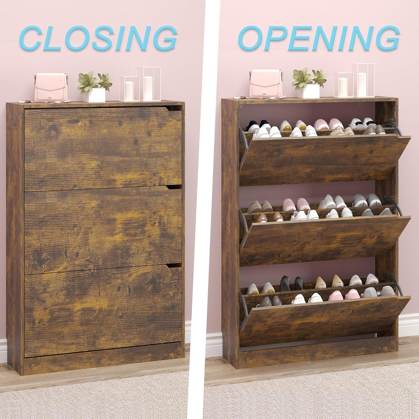 Shoe Cabinet with 3 Flip Drawers, Hidden Wood Shoe Cabinet,Freestanding Shoe Storage Cabinet for Entryway Hallway