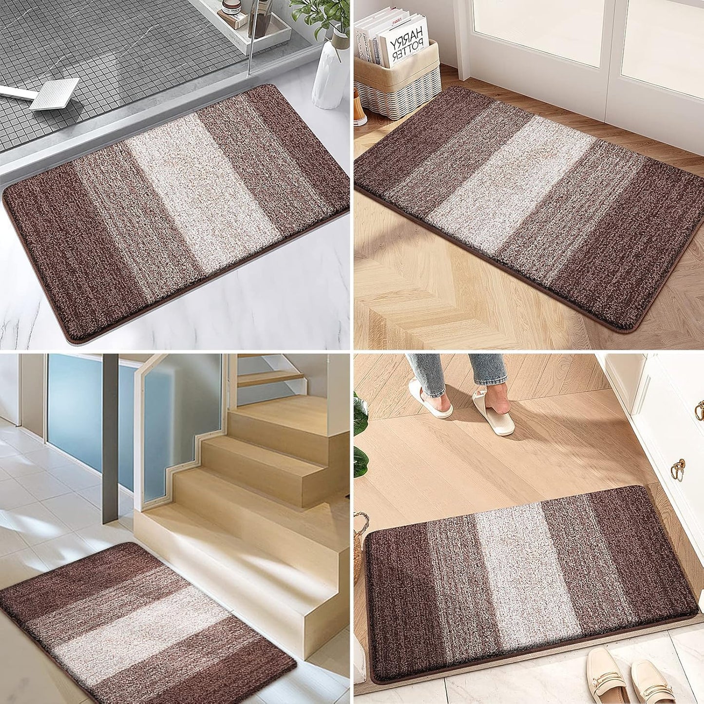 Kitinjoy Indoor Outdoor Door Mat, 48x32 Non-Slip Absorbent Dirt Trapper, Low-Profile Washable Inside Entrance Front Floor Mat, Sturdy Soft Entry Doormats for Entryway, Brown