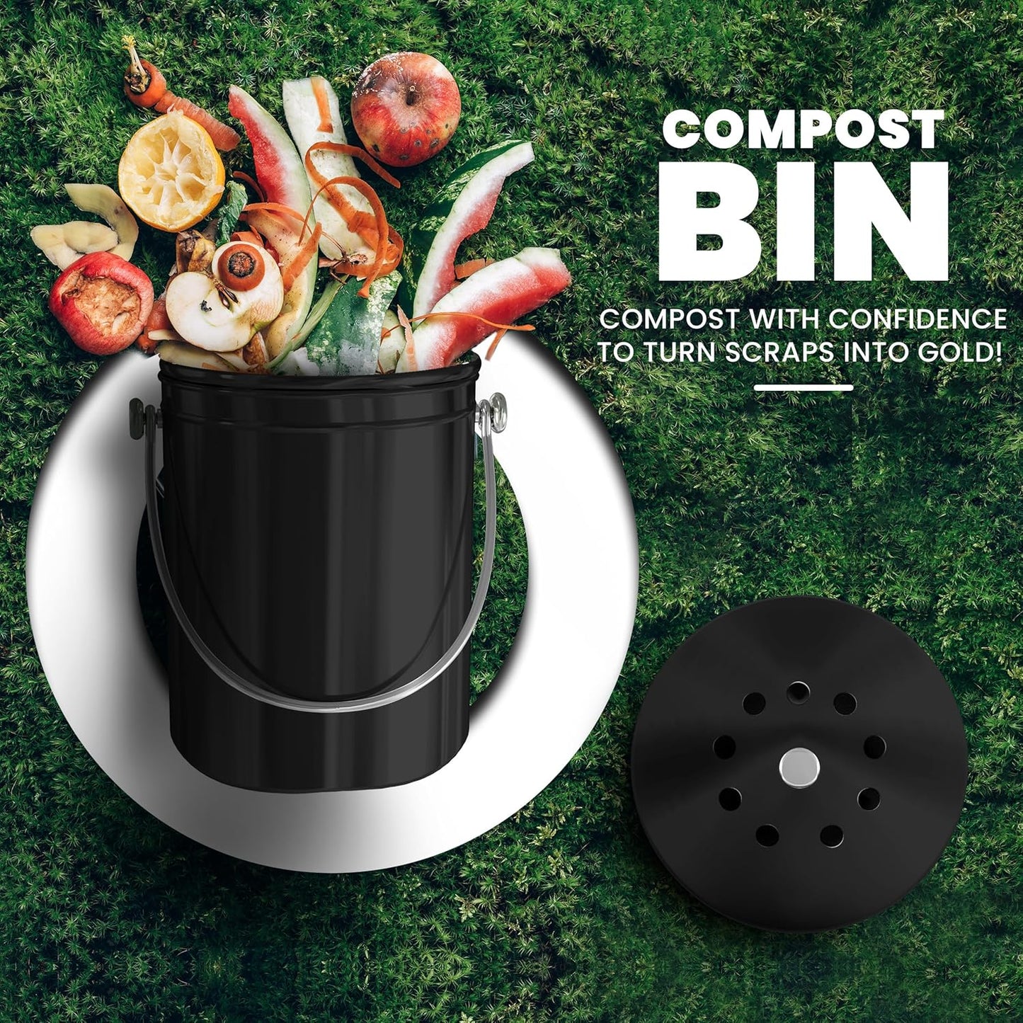 Utopia Kitchen Compost Bin for Kitchen Countertop, 1 Gallon Compost Bucket for Kitchen with Lid, Includes 1 Spare Charcoal Filter (Black)