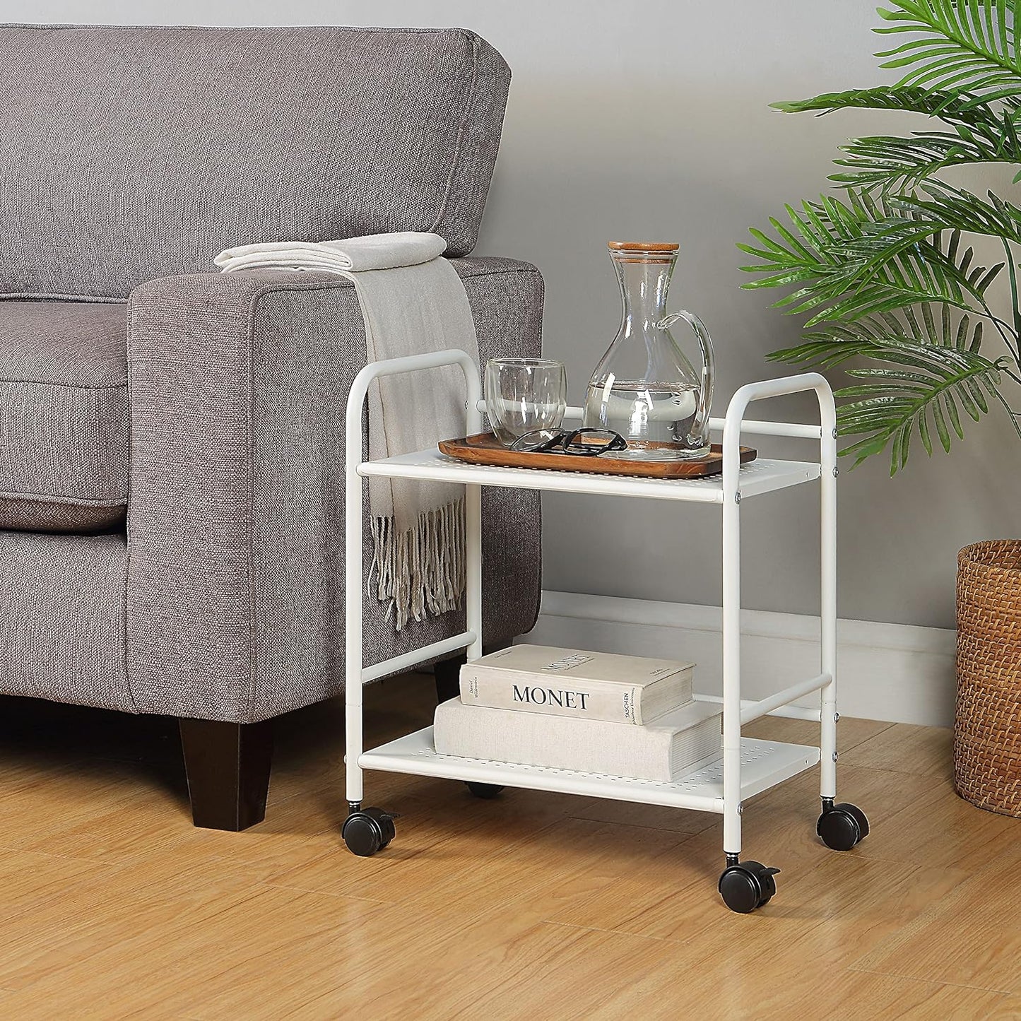 SunnyPoint 2-Tier Metal Rolling Utility Cart – Mobile Storage Shelf with Caster Wheels – Small Space Organizer for Home, Office, Bedroom, Kitchen (WHT)